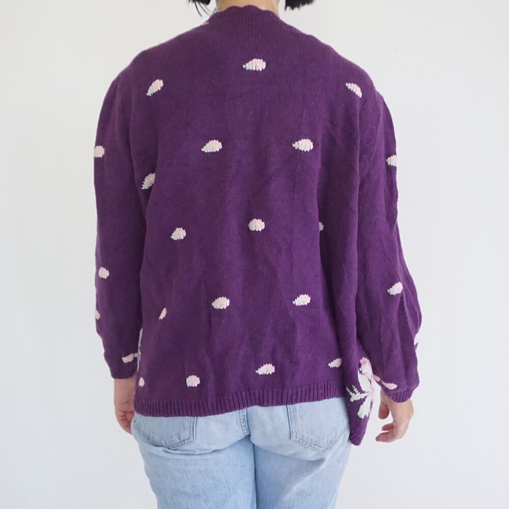 Vintage Maggie Lawrence Purple Polka Dot Floral Embroidered Knit Cardigan M - Picture 2 of 9